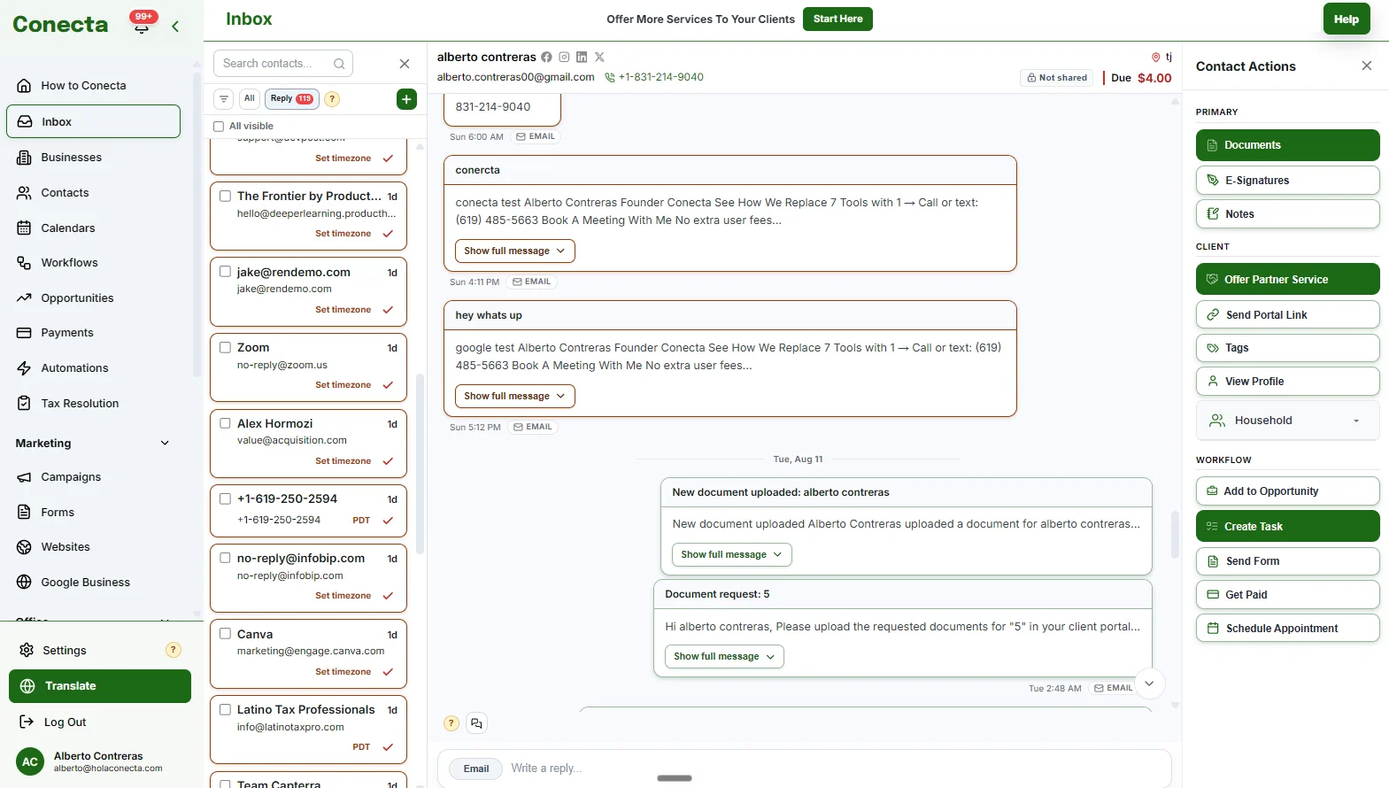 Espacio de trabajo de Conecta con el registro del cliente, mensajes y documentos
